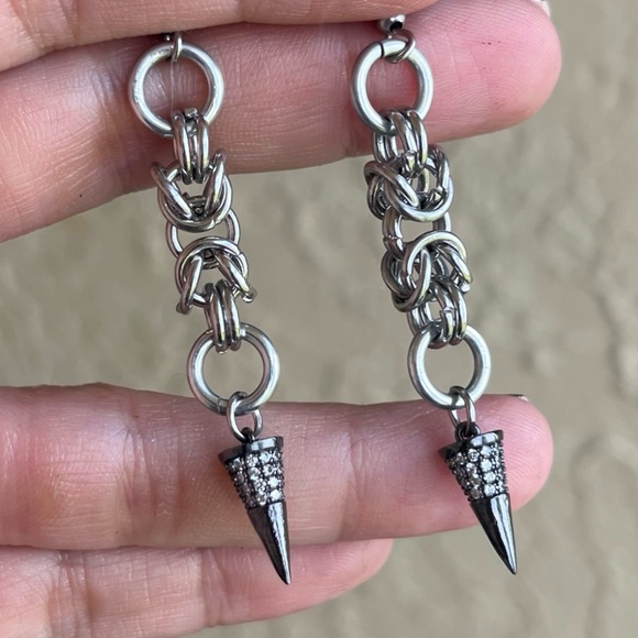 Handmade maille cz black spike dangly stainless steel earrings boho goth silver - Picture 2 of 11